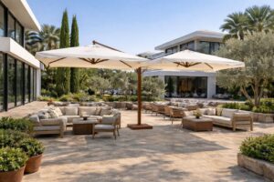 Консольний парасоль у формі літери «T» 3,5 × 7 м «Дабл Палермо» з центральною опорою, подвійний квадратний купол 3,5 × 3,5 м